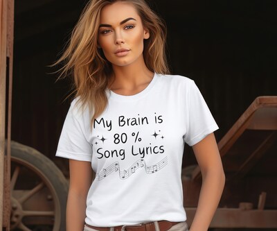 Funny saying tshirt,My brain is 80 percent song lyrics shirt in white,humorous shirt,perfect gift for music teacher or music lover - image1